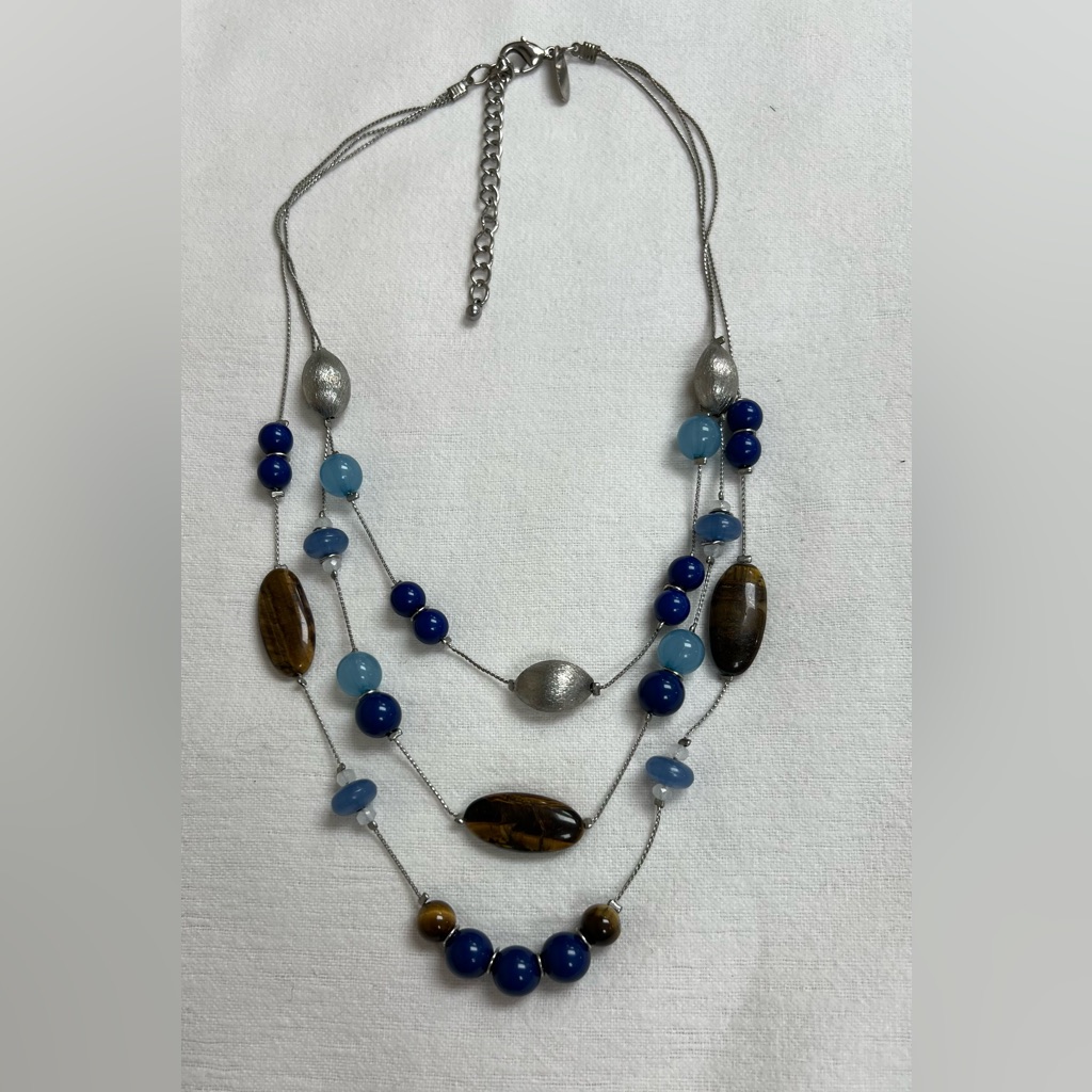 Ny Signed Vintage Beaded Silver Tone Illusion Necklace Blue Brown Silver Beads